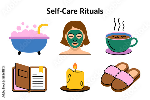 Personal care wellness vector illustrations, relaxation candle tea bath face mask book slippers graphics, colorful lifestyle design, comfort stress balance set