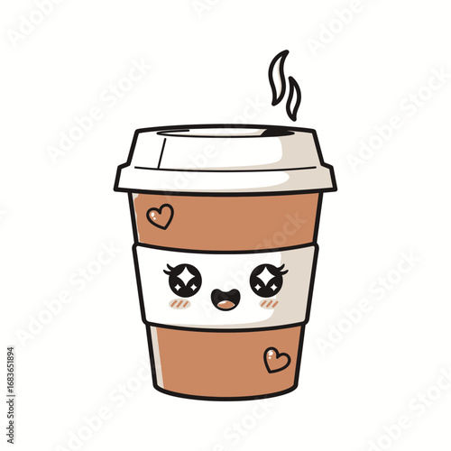 A delightful illustration of a cute, anthropomorphic coffee cup with a happy expression and steam rising, ideal for beverage-themed designs