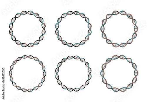 Circular dna helix structures in a six-panel arrangement with abstract artistic design