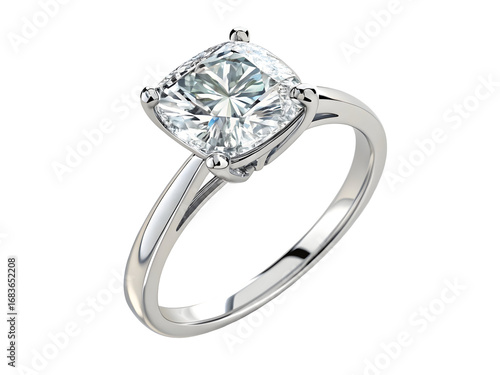 Cushion Cut Diamond Ring White Gold Setting Black Background Luxury Jewelry isolated on a transparent background