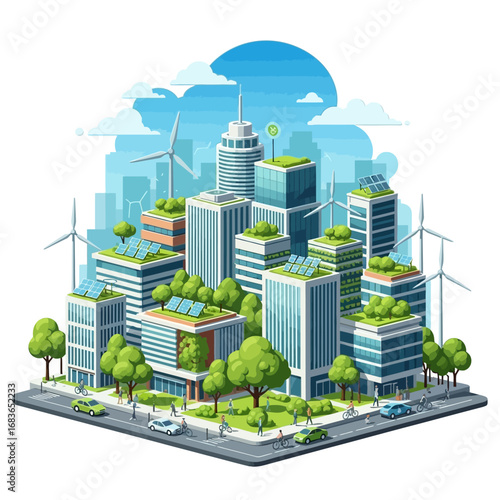 A vibrant illustration of an eco-conscious smart city, integrating green technology, renewable energy, and sustainable urban living