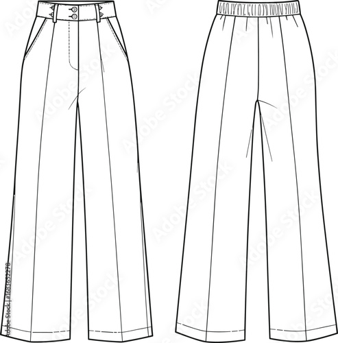 High waist women’s wide leg trousers, fashion flat sketch, technical clothing design, CAD drawing, vector illustration, front back view