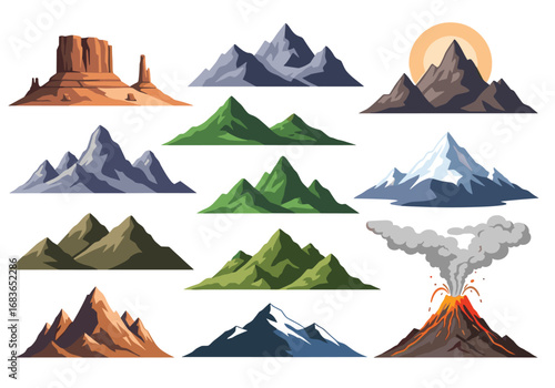 Collection of stylized pixel art mountain landscapes and volcanic eruptions