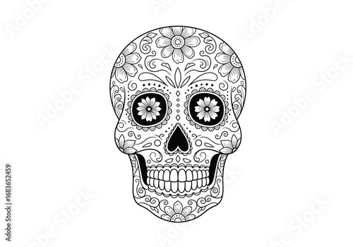 Intricate black and white sugar skull design for day of the dead celebrations and artistic expression