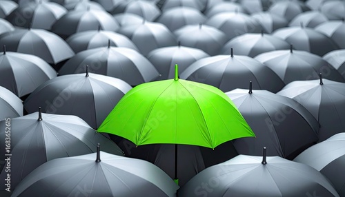 A vibrant green umbrella stands out amidst a sea of dark gray and black umbrellas