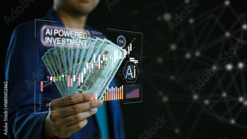 Φωτογραφία AI powered investment concept with person holding US dollars and digital screen