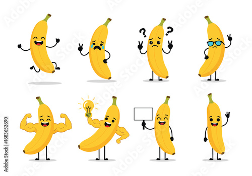 A collection of animated banana characters expressing a wide range of emotions and actions