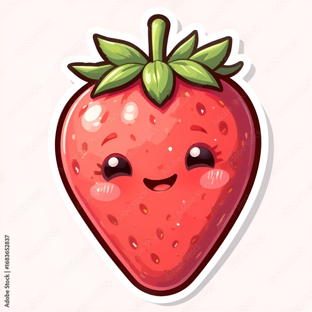 Obraz premium Kawaii Strawberry Sticker – Cute Happy Face in Pastel Tones, Transparent PNG