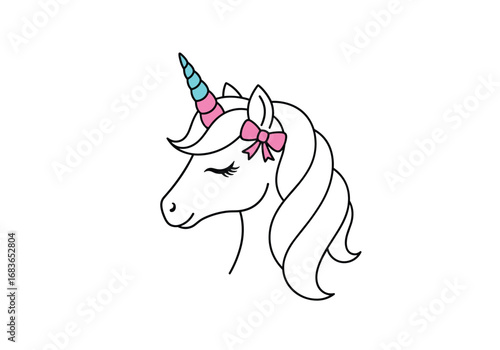 Charming unicorn head with elegant mane and whimsical horn adorned with a pretty pink bow perfect for enchanting designs