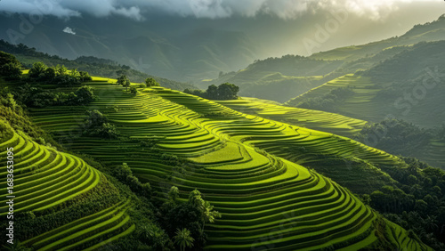 Longji Rice Terraces at Sunrise with Clouds and Mist for an Agricultural Landscape and Tourism Background