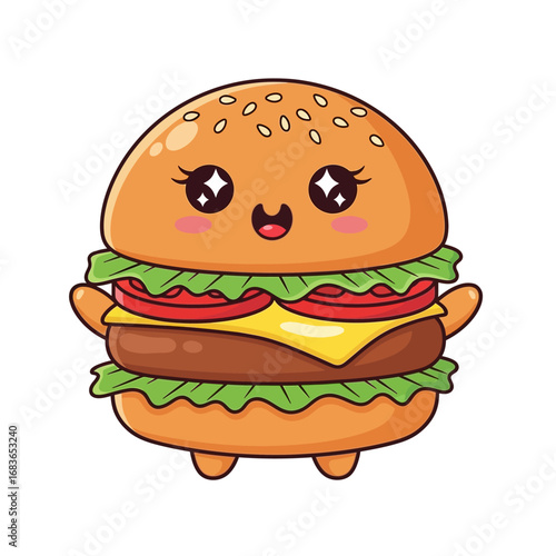 A cute kawaii-style hamburger character with a happy face, sparkly eyes, and classic toppings, isolated on a white background.