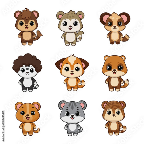 Collection of nine cute cartoon animal characters with big eyes.