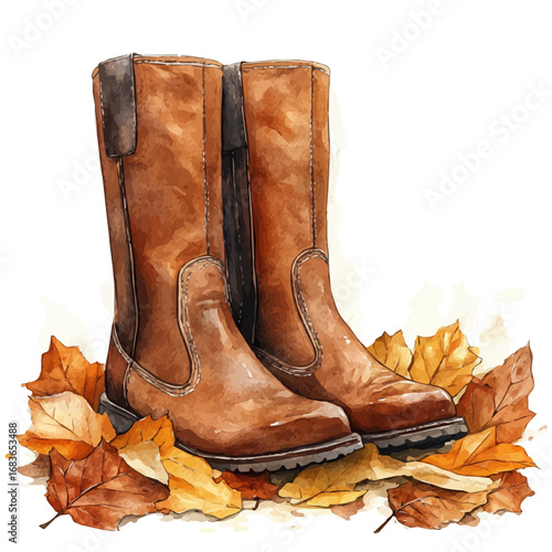 Warm Boots Crunch Leaves, watercolor painting vector, isolated on a white background.