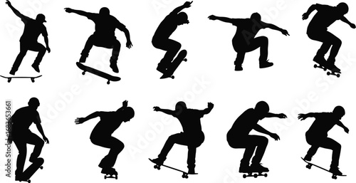 Skateboarder Silhouette Set of Extreme Sports Tricks, Jumping, Flipping, Balancing, Urban Motion, Youth Action and Skateboarding Poses