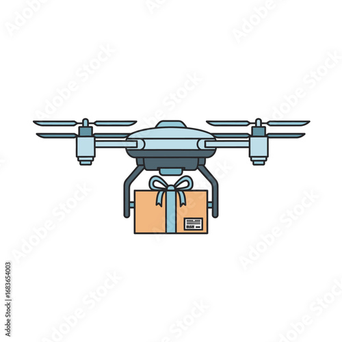 A detailed illustration of a drone in flight, carrying a package for delivery.