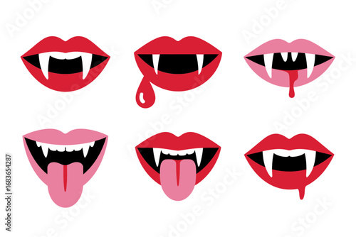 Horror vampire lips vector illustrations, bloody mouths with fangs tongue dripping scary expression graphics, spooky Halloween design, fantasy character art