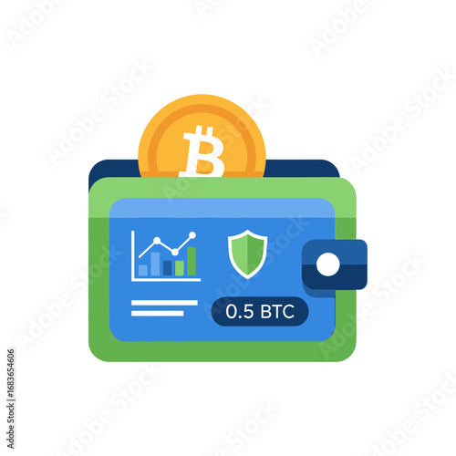 Secure cryptocurrency wallet icon showing a Bitcoin coin, a financial graph, and the balance on a digital screen.