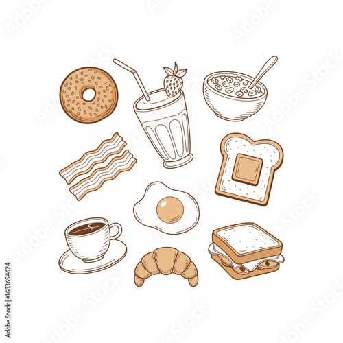 Hand drawn breakfast food items including coffee bagel fried egg croissant and sandwich vector