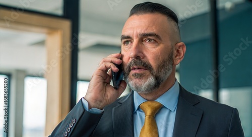 Focused businessman talking on a smartphone in a modern office, engaged in a professional call.