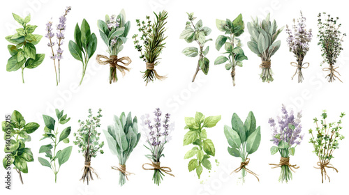 Watercolor illustration of fresh herb bundles including lavender, basil, sage, thyme, and mint tied with rustic string, perfect for culinary and botanical design.