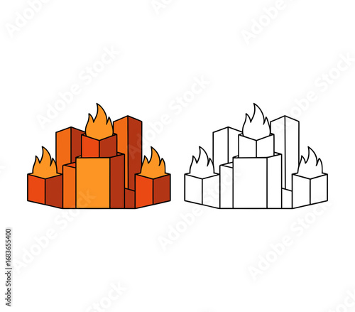 Vector art of abstract isometric building on fire