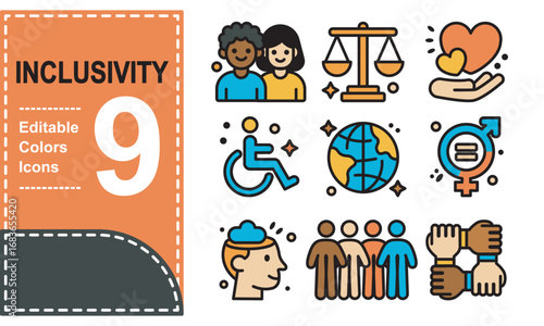 Inclusivity icons for diversity, equity, inclusion. Suitable for presentations, posters, web design, social media content promoting inclusive representation.