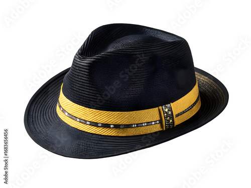 Black Fedora Hat with Yellow Band and Decorative Accents Top Down View Isolated on a transparent background