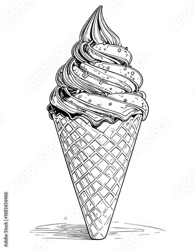 Czarnobiały rysunek lodów w wafelku – ilustracja retro