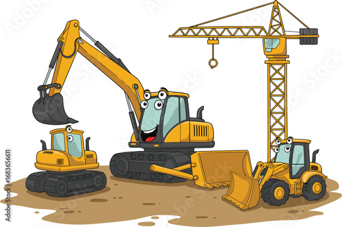 Cartoon construction vehicles illustration with cute excavator, bulldozer, crane, and tractor, funny heavy equipment characters for kids, construction site design