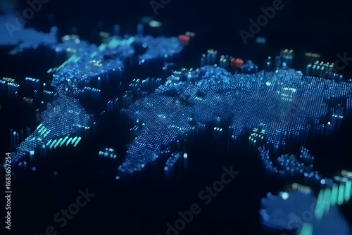 A digital map of the world with stock market charts and graphs glowing in blue, representing the global financial landscape. 