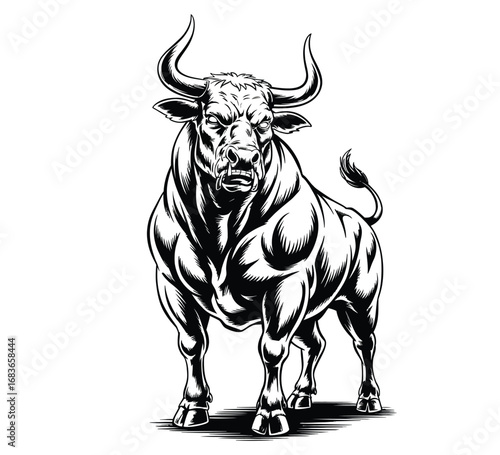 Zombie bull standing in fighting stance with glowing horns in spooky halloween black and white vector design