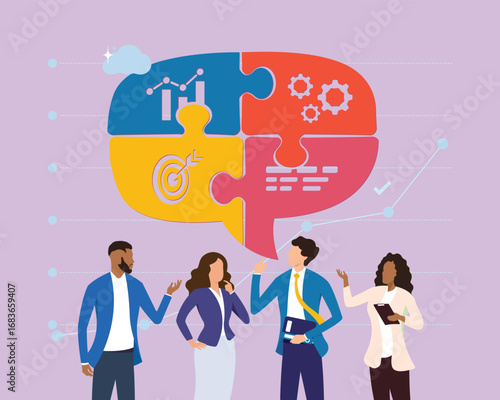 Diversity business puzzle pieces discussion illustration. group of diverse people discussing project in flat style vector infographic
