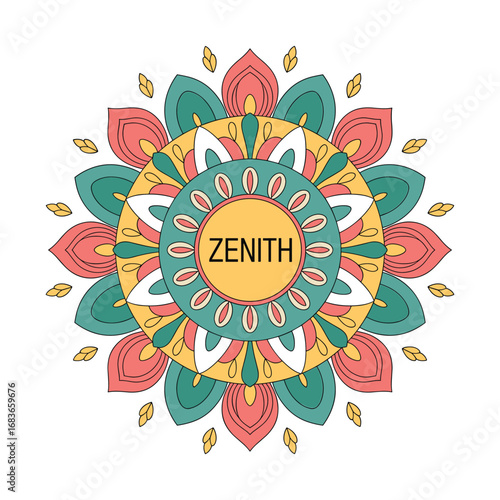 Vibrant circular mandala design with zenith text in the center