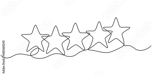 Continuous one line drawing of five star rating Concept of rating service and customer reviews vector illustration, Five stars outline drawing. Hand drawn doodle stars illustration in continuous line.
