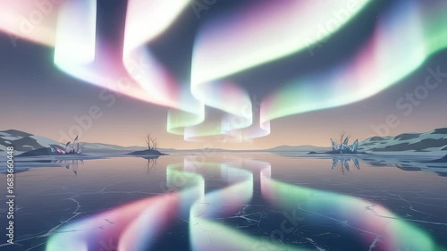 Mesmerizing aurora borealis display reflected on frozen lake surface landscape scenic