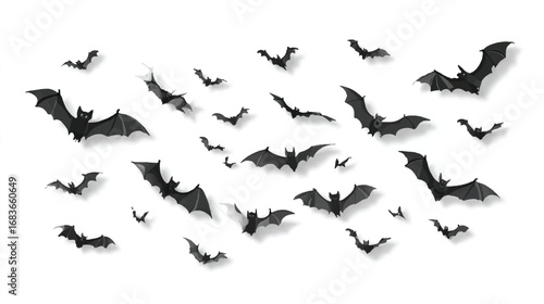 Animated bats swarm on a white background perfect for Halloween themed designs and decorations spooky season