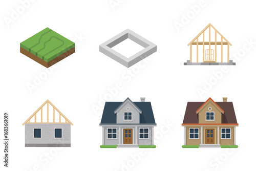 Residential house icons vector set, cottage bungalow two story home roof window door garden variations, housing design elements