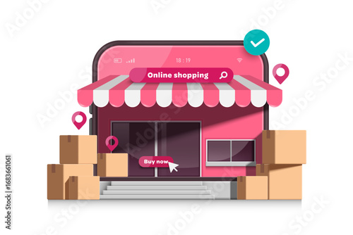 Parcel box or cardboard box placed in front of a shop or store in the shape of a pastel pink smartphone for delivery and online shopping concept advertising design, vector 3d isolated for design
