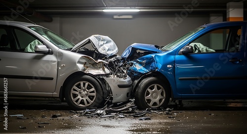 Head on collision between two cars in parking garage