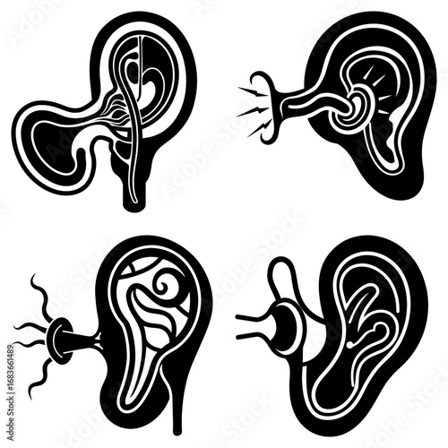Four stylized black and white illustrations of human ears showing internal structures and sound waves
