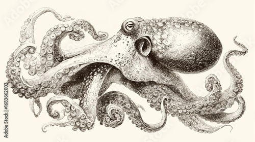 Antique Octopus Illustration Detailed Depiction of Sea Creature in Monochrome Graphic Design Style for Creative Projects