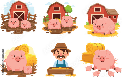 Cartoon farm scene with pigs, piglets, farmer, barn, haystack, mud, countryside animals, livestock farming illustration, agriculture, rural lifestyle vector design
