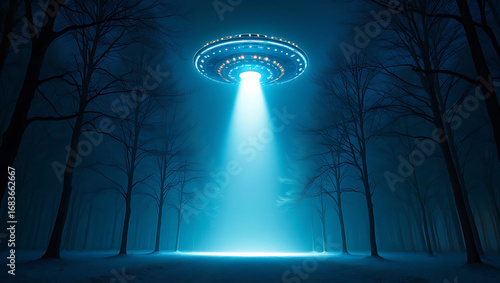 A mysterious ufo hovers in a foggy forest at night, emitting a bright blue beam of light