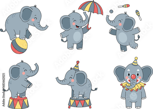 Cute cartoon circus elephants performing tricks, juggling, balancing, clown elephant characters for kids, vector illustration set for children’s party, fun, or learning design
