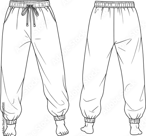 Jogger pants front back view, drawstring waist, ribbed cuffs, fashion flat sketch, technical apparel CAD illustration, vector template