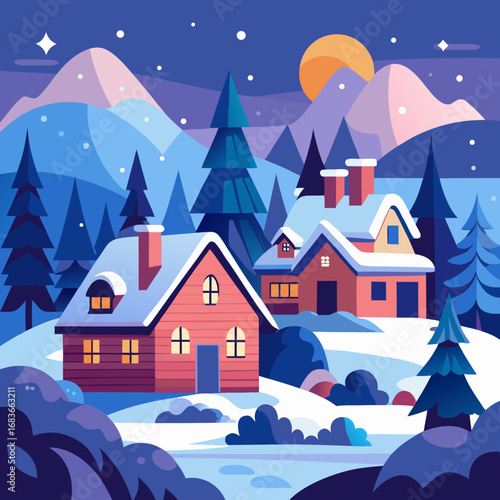 Cozy Winter Village Vector Illustration