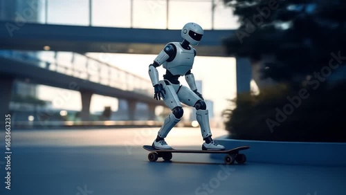 Wallpaper Mural Futuristic Robot Skateboarder AI on City Street with Urban Tech, Innovation, and Future. Torontodigital.ca