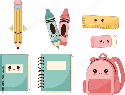 Cute cartoon stationery illustration with pencil, crayons, ruler, eraser, notebooks, backpack, kawaii school supplies, doodle style, colorful vector design for kids learning