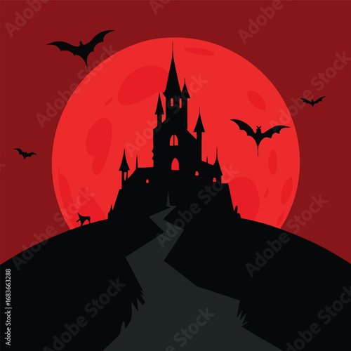 Dark Vampire Castle on Hill with Red Moon and Flying Bats