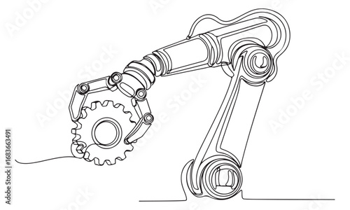 Single Continuous Line Drawing of a Robotic Arm Holding a Gear